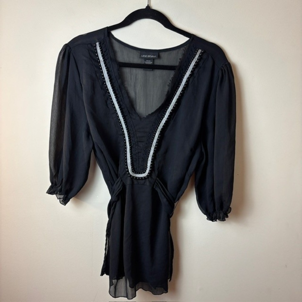 Womens 18/20 Lane Bryant Blouse Top Black Chiffon Sheer Tie Waist Beaded V-Neck